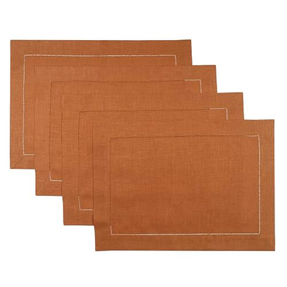 D'Moksha Homes Rust Linen Placemats Set of 4 - Classic Hemstitch Placemats 14 x 19 Inch - 100% Pure Linen Table Mats for Spring - Handcrafted and Machine Washable - color: 07 - Rust