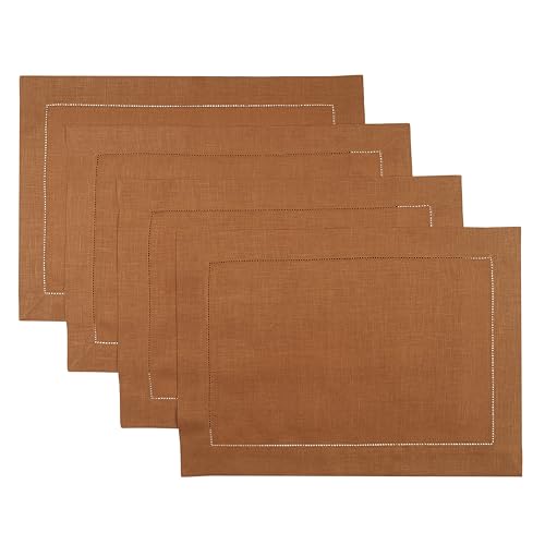 D'Moksha Homes Rust Linen Placemats Set of 4 - Classic Hemstitch Placemats 14 x 19 Inch - 100% Pure Linen Table Mats for Spring - Handcrafted and Machine Washable - color: 07 - Rust