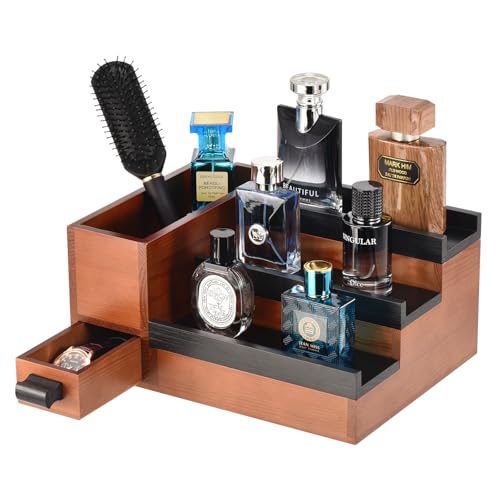 Perfume Stand Organizer for Men, 3 Tier Perfume Display Shelf with Velvet Lining Drawer and Hidden Compartment (Walnut Black - 1 Drawer) - style: 1 drawer - BlackWalnut