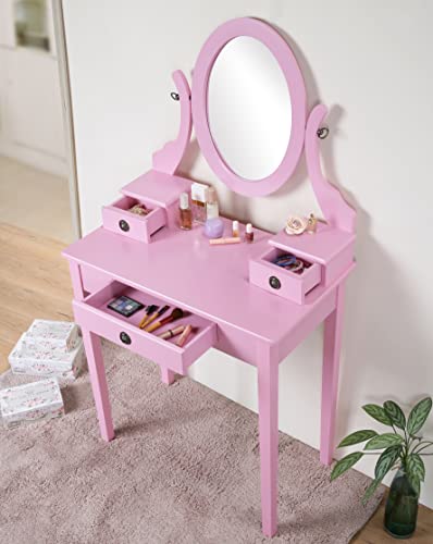 Roundhill Furniture Moniys Moniya Pink Wood Makeup Vanity Table and Stool Set - color: Pink