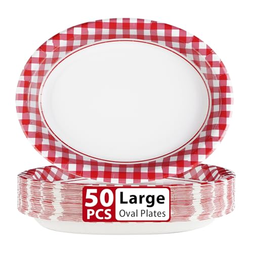 50Pcs Gingham Oval Paper Plates 10" x 12" Large Disposable Heavy Duty Red and White Buffalo Checked Plaid Dessert Platter Sturdy Plate for Summer Pizza BBQ Picnic Crawfish Boil Birthday Party Supplies - style: Red and White Oval Plates