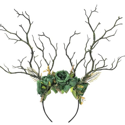 MOSTORY Woodland Deer Antler Headband - Fairy Costume for Woman Branch Crown for Renaissance Halloween Renfaire Cosplay - color: Green