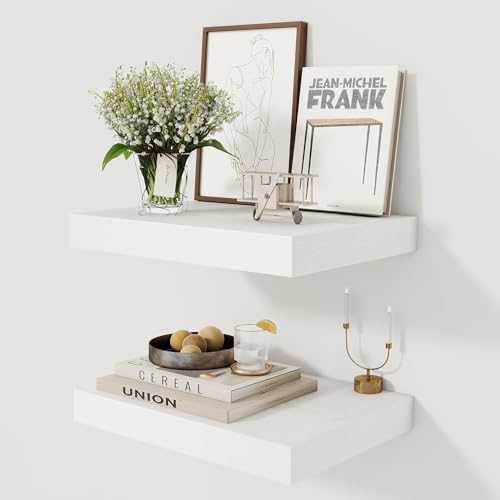 12 Inch Deep White Floating Shelves, 16 x 12 Floating Shelf for Books, Rustic Wood Deep Wall Shelves for Home Storage & Display, 2" Thicked Shelves for Kitchen, Living Room, Bedroom, 2 Pack - color: White, size: 16"W x 12"D, 2 Pack
