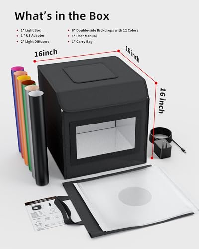 Glendan Light Box Photography, 16"x16" Portable Photo Box Shooting Tent Kit with 2 Light Panels (204 LED Lights) & 6 Kinds Double-Sided Backgrounds for Jewelry and Product Photography