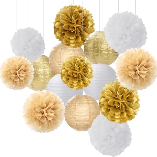 White Gold Party-Decorations Paper Flowers Lanterns - 15PCS Engagement Birthday Graduation Wedding Tissue Pom Poms Streamers,Neutral Bachelorette Baby Bridal Shower Hanging Supplies Decor Hugfond - color: Khaki White Gold