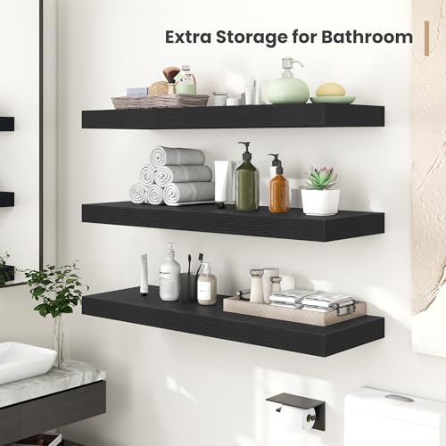 Heimlove 12 Inch Deep Floating Shelves, 12 x 12 inches Long Wall Shelf, Large Extra Display Shelf & Storage Shelf, Rustic Wood Wall Shelves for Fireplace Mantel, Black - 2Pack - color: Black, size: 12"W x 12"D x 2"H, Set of 2