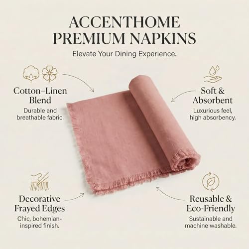ACCENTHOME Blush Cotton Linen Napkin Set of 12 18x18 inch Dinner Napkins - Washable Soft Premium Hotel Quality Reusable Hemmed Edges Napkins Perfect Table Linens for Family Dinners, Weddings - color: 07 - Blush, size: 18"x18" - Pack of 12