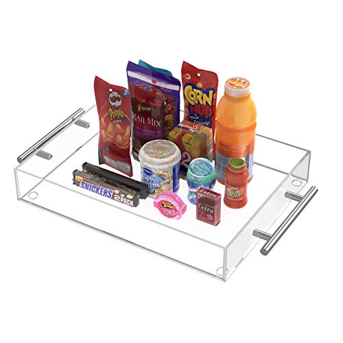 Richboom Clear Acrylic Serving Tray 16"x12" - Coffee Table Living Room Kitchen Decorative Tray with Silver Metal Handles, Bathroom Vanity Tray Perfume Cosmetic Storage Organizer - size: 16" x 12" x 2"