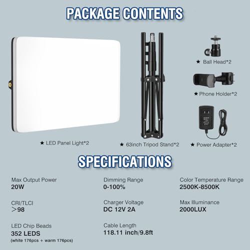 2-Pack LED Video Light Kit with 63'' Tripod Stand, 2500K-8500K Dimmable Studio Light Photography Panel Lighting for Video Recording Game Live Streaming Podcast YouTube Filming, Phone Holder - size: 2 Pack