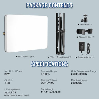 2-Pack LED Video Light Kit with 63'' Tripod Stand, 2500K-8500K Dimmable Studio Light Photography Panel Lighting for Video Recording Game Live Streaming Podcast YouTube Filming, Phone Holder - size: 2 Pack
