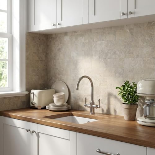 Peel and Stick Subway Tile Backsplash, 10 Sheets 12''x12''Beige Stone-Look 3D Wall Tiles, Thick & Strong Adhesive, Heat Resistant & Waterproof Stick On Tiles for Kitchen, Bathroom - color: Beige Stone Rock