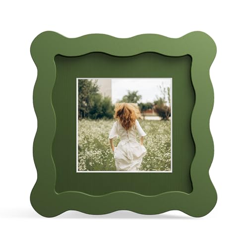 4x4 Picture Frame with Mat for 3x3, Wavy Edge Wooden Real Glass Photo Frame for Tabletop and Wall Hanging, Green, 1 Pack - color: Green, size: 4x4 in
