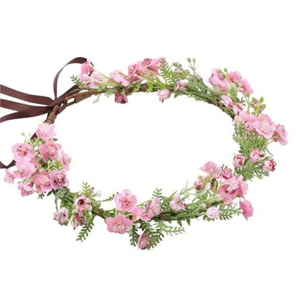 Pink Bohemian Flower Crown - Pink Babys Breath Flower Headband with Green Leaf Bohemian Floral Headpiece Hair Wreath for Women Wedding Halloween Christmas - color: Light Pink