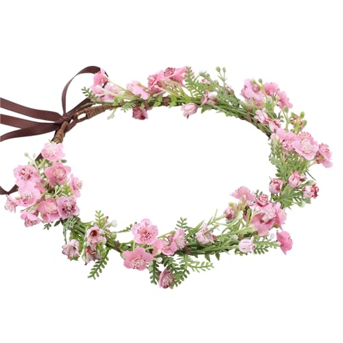 Pink Bohemian Flower Crown - Pink Babys Breath Flower Headband with Green Leaf Bohemian Floral Headpiece Hair Wreath for Women Wedding Halloween Christmas - color: Light Pink