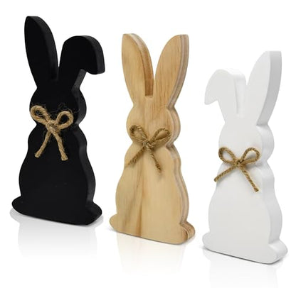 Easter Wooden Bunny Decor Set of 3 Rustic Farmhouse Spring Rabbit Table Decorations Wood Block Figurines Tiered Tray Shelf Mantel Display