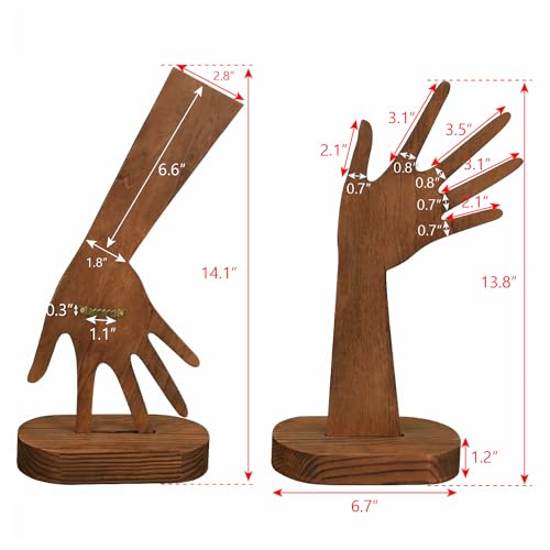 MOOCA 2 Pcs Set Multi-Functional Tabletop or Wall-Mountable Wooden Hand-Shaped Jewelry Display Stand For More Bracelet Storage, Premium Real Wood Sturdy Base, Brown Color - color: Brown, Long Hand