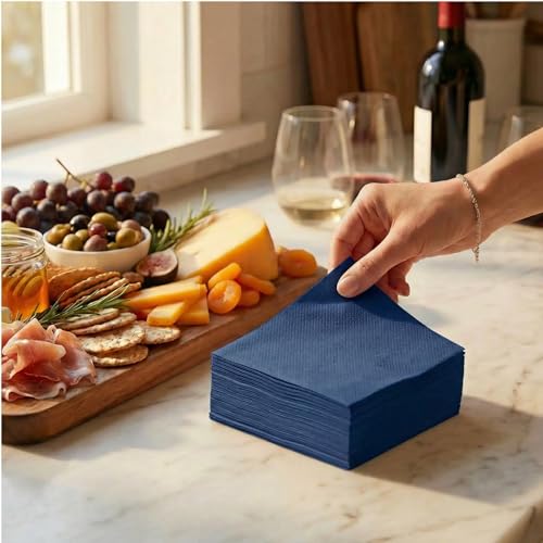 AMERICAN HOMESTEAD Navy Cocktail Napkins - Premium 4.75"x4.75" Disposable Linen-Like Beverage Napkins - Bulk Square Party Bar Serviettes for Weddings, Parties, Events, and Daily Use - 100 Count - color: Navy, size: 4.75 x 4.75