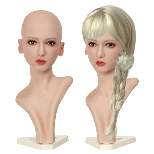 Realistic Silicone Head Mannequin Fake Female Head Model Display for Jewelry Wig Scarf Necklace Glasses Props Display Art Collection with Lifelike Skin Tone (2WTM1-1) - size: Head model 1