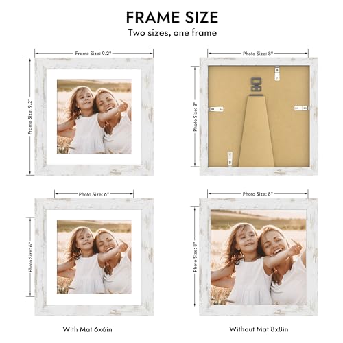 Hongkee 8x8 Picture Frame with Glass, Display Pictures 6x6 with Mat or 8 x 8 without Mat - Wall and Tabletop, 8 by 8 Photo Wooden Frames (Distressed White, 1 Pack) - color: Distressed White, size: 8X8 in
