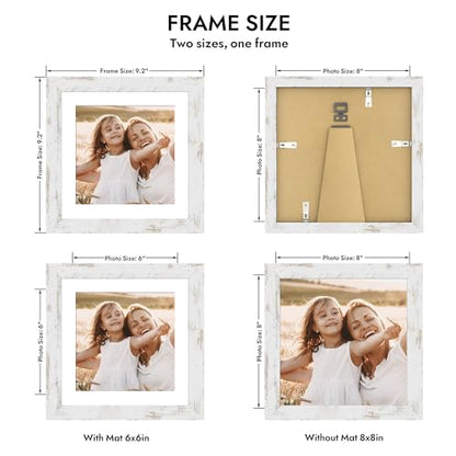 Hongkee 8x8 Picture Frame with Glass, Display Pictures 6x6 with Mat or 8 x 8 without Mat - Wall and Tabletop, 8 by 8 Photo Wooden Frames (Distressed White, 1 Pack) - color: Distressed White, size: 8X8 in