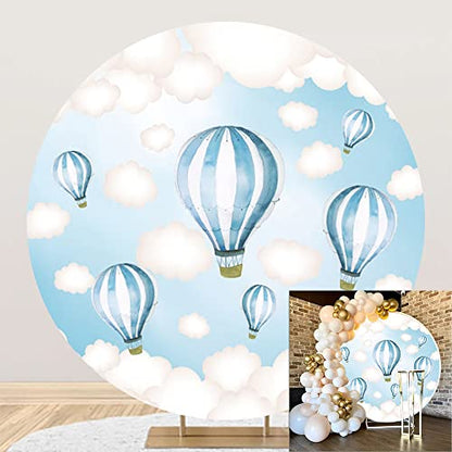 Blue Hot Air Balloon Round Backdrop Cover 5x5ft Polyester Fantasy Cartoon Fairy Tale World Blue Sky White Clouds Sky Adventure Photo Background Kids Boys Baby Shower Birthday Party Props - color: Blue01, size: 5x5ft-Diameter