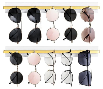 Mkono Wall Mounted Sunglasses Storage Organizer Wood Modern Simple Eyeglasses Display Holder Eyewear Glasses Jewelry Headband Hanging Rack for Entryway Living Room Bedroom, Set of 2, White