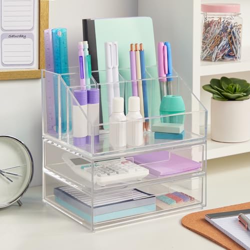 STORi Chloe Stackable Makeup Holder & Drawer Organizer Set, Clear, BPA-Free Plastic, Made in USA, Organize Brushes, Cosmetics & Beauty Essentials - style: Organizer & Drawer Set