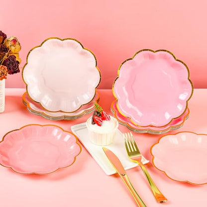 AimFun 48 Pcs Pink Party Plates Gradient Pink Dessert Paper Plates 7inch Gold Foil Scalloped Edge Disposable Cake Plates for Mothers Day Birthday Bridal Baby Shower Wedding Party Supplies - color: Pink