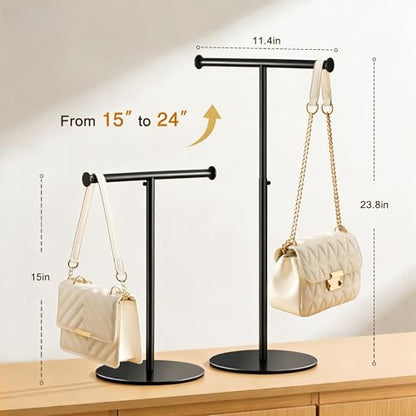 niffgaff T Bar Purse Display Stand Tabletop: Adjustable Height Handbag Holder, Countertop Hanging Rack for Long Necklace Scarf Lanyard, Black - color: Black