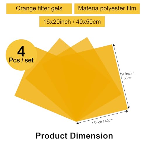 Meking 16x20 inch Lighting Gels 1/2 CTO Photo Lights Gel Orange Filters Transparent Color Correction Light Sheets for Photography Red Head Strobe Flashlight 4Pack - color: 85A Orange