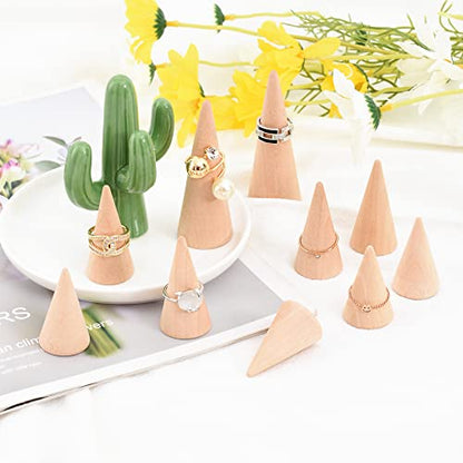 Natural Wood Cones, 10Pcs 3 Different Sizes Wood Cone Rings Holder Jewelry Display Stand Vertical Shaped Unpainted Wooden Cones for Girls Women DIY Craft - color: Natural wood