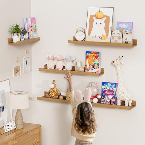 Heimlove Picture Ledge Shelf,24 inch Long Floating Shelves for Wall Set of 4,Picture Shelf with Lip for Wall Decor,Living Room,Bedroom,Bookshelf,Nursery,Perfume,Oak Color - color: Natural Oak, size: 24'', Set of 4