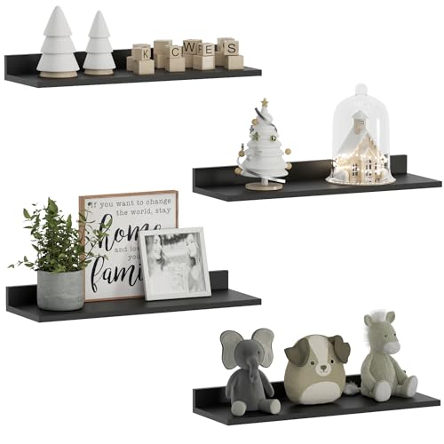WOPITUES Floating Shelves, Wall Mounted Shelves for Room Decor, Modern Display Shelf for Bedroom, Sturdy Bathroom Storage Shelves, Book Shelves for Living Room, Black Small Corner Shelves, Set of 4 - color: Black