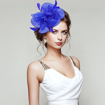 Fascinators Hats with Gloves Set for Women 20s 50s Cocktail Tea Party Wedding Costume Headwear - color: 03-royal Blue