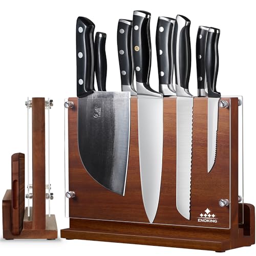 ENOKING Magnetic Knife Block with Acrylic Shield 12 x 9 Inches, Double Side Kitchen Knife Holder without Knives- Acacia Wood Universal Knife Storage Organizer with Powerful Magnet for Kitchen Counter - size: 12*9 inches