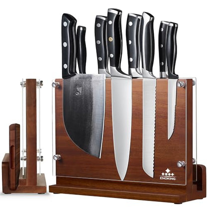 ENOKING Magnetic Knife Block with Acrylic Shield 12 x 9 Inches, Double Side Kitchen Knife Holder without Knives- Acacia Wood Universal Knife Storage Organizer with Powerful Magnet for Kitchen Counter - size: 12*9 inches