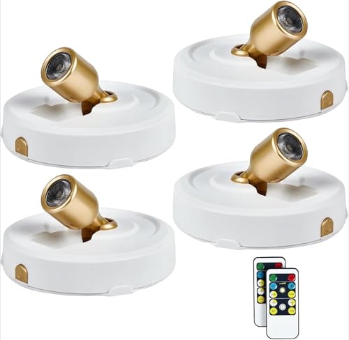 4-Pack LED Spotlight Battery Operated Picture Lights, Wireless Puck Lights with 2 Remote, Dimmable Stick Spotlights with Timmer for Wall Display Painting Dartboard Artwork Accent Closet - color: White Gold, size: 4pack