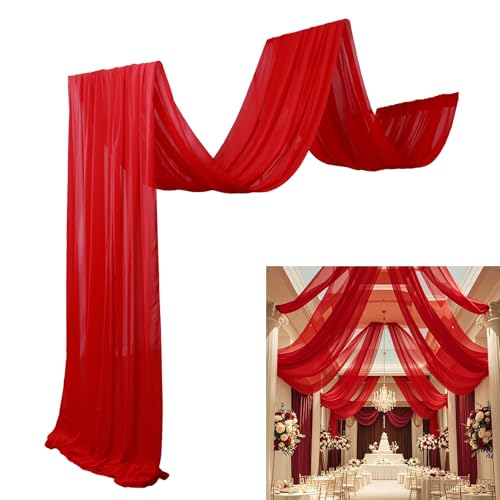 DUOBAO Chiffon Ceiling Drapes 20ft Red Wedding Backdrops 4 Panels 5×20ft Sheer Backdrop Curtains for Reception Wedding Ceremony Dark Red Sheer Arch Drapes Fabric Event Party Supplies - color: Red, size: 60"W x 240"L (Pack of 4)