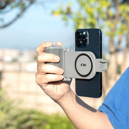 KIWIFOTOS Travel Phone Camera Grip Smartphones Camera Handle with Remote Control for iPhone 17 16 Pro Max Samsung Galaxy S25 S24 Selfie Vlog Video Shooting(Tripod NOT Included) - color: Clip on Phone Camera Grip Gray