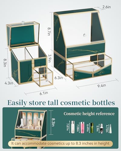 Youdepot Glass Makeup Organizer for Vanity and Bathroom Countertop – Large Cosmetic Display Case and Skincare Storage Solution - color: Green