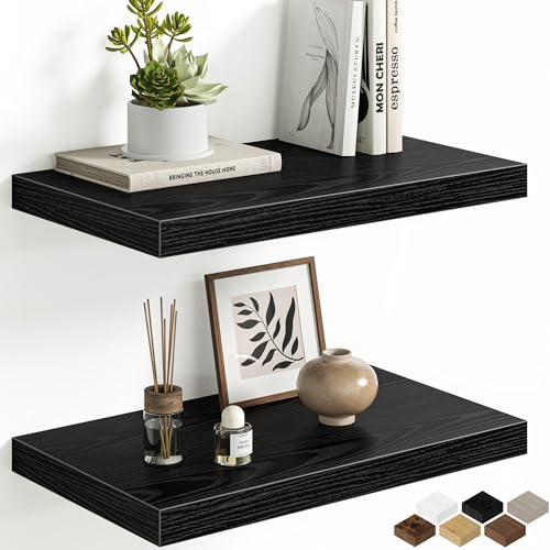 Floating Shelves Set of 2, 12 Inch Deep Floating Shelves with Heavy Duty Brackets, 20'' Rustic Black Wood Wall Mounted Shelf for Bathroom, Bedroom, Living Room & Kitchen, Modern Home Decor Storage - color: Black, size: 20 Inch, Set of 2