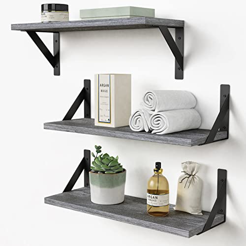 Forbena Grey Floating Shelves for Wall Decor Set of 3, Floating Book Shelves for Bedroom Living Room Classroom Library Office, Wall Mounted Shelf for Kids Room Christmas Decor (Rustic Gray) - color: Grey, size: 17 Inches