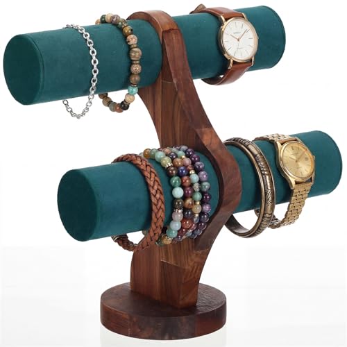 RattanView 2 Tier Walnut Bracelet Holder Display Wooden Watch Stand Organizer T Bar Rack Storage Tower for Selling Retail - color: Dark Green