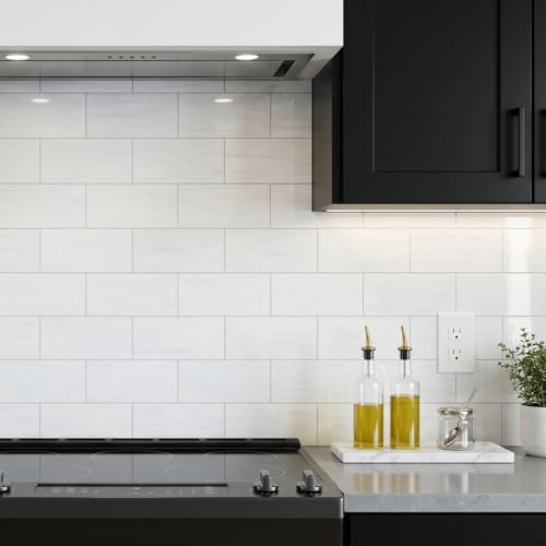 20 Sheets Glossy Dolomite PVC Subway Tiles Peel and Stick Backsplash,12''Heat Resistant Stick on Tiles for Kitchen,Waterproof Peel and Stick Wall Tiles for Bathrrom - color: Glossy Dolomite White