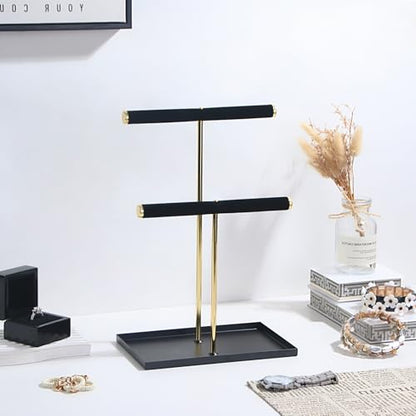 2 Tier Necklace Bracelet Holder Stand, Multi-Use Jewelry Display Organizer with Metal Tray, Velvet T-Bar Metal Necklace Organizer Stand, Jewelry Hanger Tower Rack for Men Women (Black 12" Tall) - color: Black