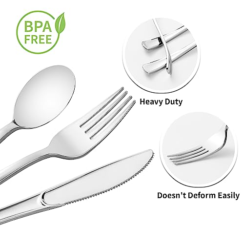 Goodluck 100 Pack Pre Rolled Silver Plastic Silverware, Wrapped Plastic Cutlery Set with Napkin Include 100 Forks, 100 Knives, 100 Spoons and 100 Napkins, Disposable Silverware for Party, Wedding - size: 100pc, style: Silver