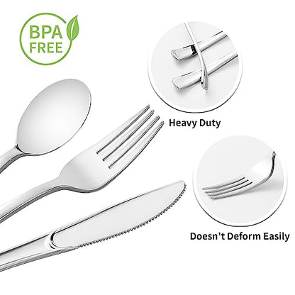 Goodluck 100 Pack Pre Rolled Silver Plastic Silverware, Wrapped Plastic Cutlery Set with Napkin Include 100 Forks, 100 Knives, 100 Spoons and 100 Napkins, Disposable Silverware for Party, Wedding - size: 100pc, style: Silver