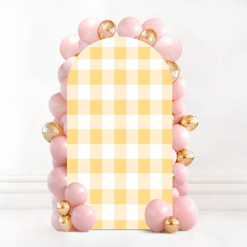 7.2FT Wedding Arch Backdrop Cover Yellow Gingham Fabric Square Checkered Seamless Texture Spandex Fitted Fabric Round Top Stretchy Stand Covers for Baby Shower Birthday Party Decoration - color: Color3, size: 7.2x4 FT