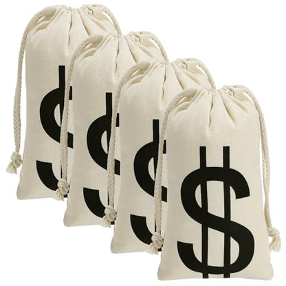 4pcs 7x13.8 Inches Canvas Money Bags - Costume Money Bag Prop with Dollar Sign, Money Sacks for Halloween Bank Robber Pirate Cowboy Cosplay Theme Party - size: M-7 x13.8 in