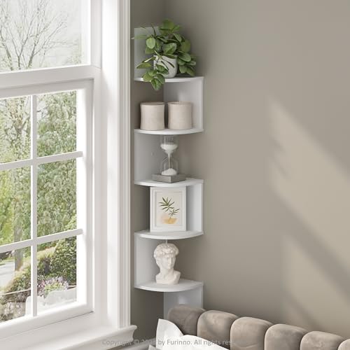 Furinno Rossi 5-Tier Floating Corner Shelf for Wall, Corner Zigzag Shelf Wall Mounted, Radial Wall Mount Shelves, for Home Office, Living Room, Bedroom, Bathroom, White - color: White, size: 5-Tier Corner Shelf - 7.8" x 7.8" x 48.8" - Single